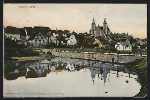 AK Walldürn, Blick auf die Ortschaft vom Fluss aus