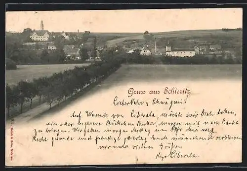 AK Schieritz, Ortspanorama mit Landstrasse aus der Vogelschau