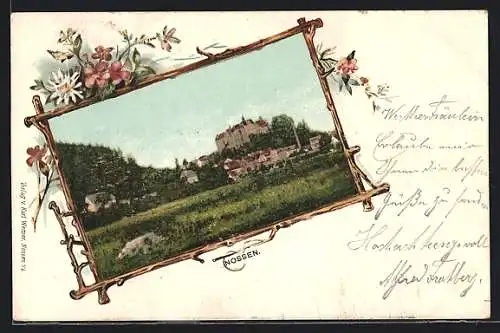 AK Nossen, Ortsansicht mit Burg, Blumen