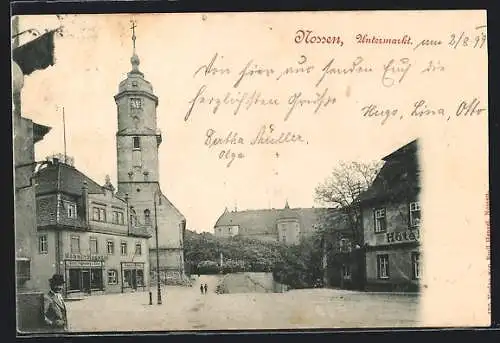 AK Nossen, Untermarkt mit Turm und Hotel