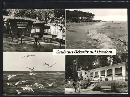 AK Ückeritz /Usedom, Gaststätten Fischerhütte und Strandklause, Strand