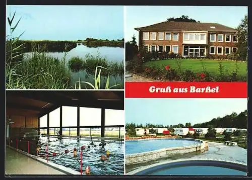 AK Barssel, Wohnwagen auf einem Zeltplatz, Schwimmbad und Partie am See