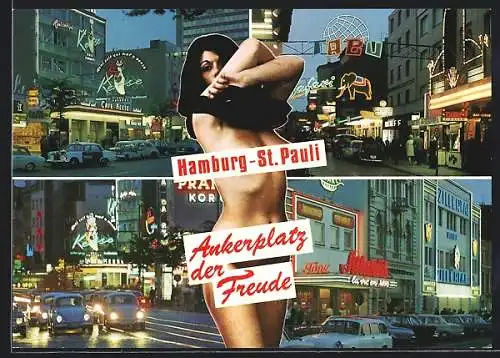 AK Hamburg-St. Pauli, Reeperbahn bei Nacht, Cafe Keese, Polizeiauto, Ankerplatz der Freude