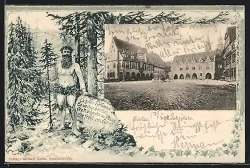 Passepartout-AK Goslar / Harz, Marktplatz, Waldmensch im Tannenwald