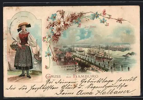 Lithographie Hamburg-Harburg, Der Hafen mit Vierländerin in Tracht