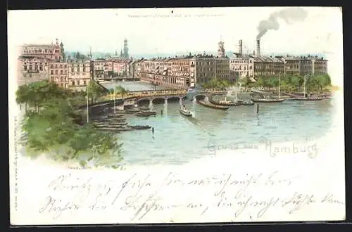 Lithographie Hamburg-Neustadt, Reesendammsbrücke und die Alsterarkaden, Schiffe auf der Binnenalster