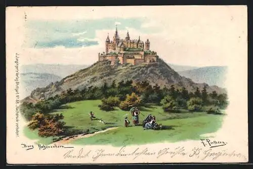 Künstler-AK F.Perlberg: Hohenzollern, Burg mit Bauern
