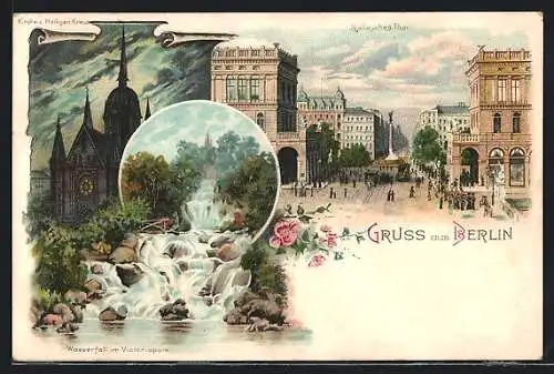 Lithographie Berlin-Kreuzberg, Kirche zum Heiligen Kreuz, Wasserfall am Victoriapark und Hallesches Tor