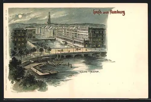 Lithographie Hamburg, Teilansicht mit Kleine Alster, Alsterarkaden