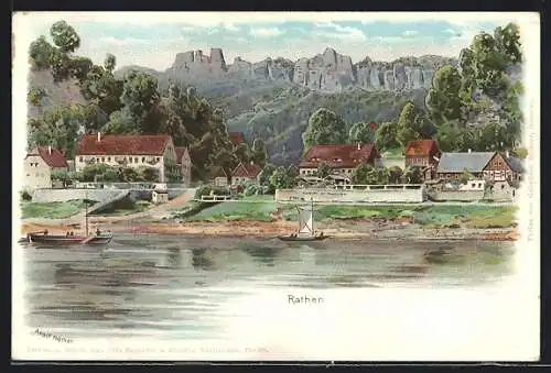 Lithographie Rathen, Blick vom Wasser auf Ort und Gebirge