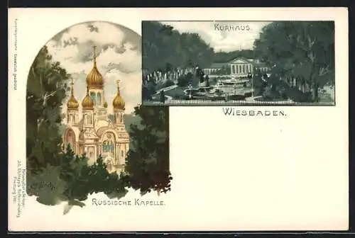 Künstler-AK Carl Münch: Wiesbaden, Russische Kapelle, Kurhaus bei Nacht