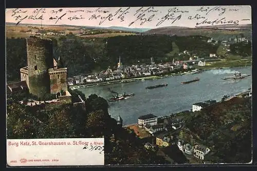 AK St. Goarshausen / Rhein, Burg Katz mit Blick auf St. Goar