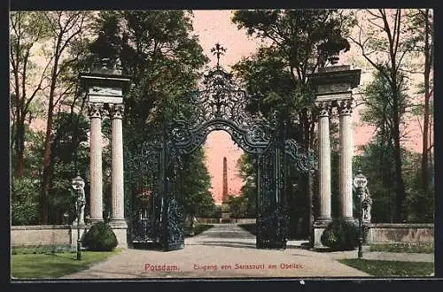 AK Potsdam, Schloss Sanssouci, Eingang am Obelisk