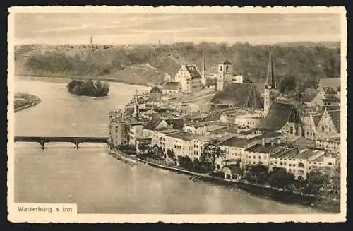 AK Wasserburg am Inn, Ortsansicht mit Brücke aus der Vogelschau