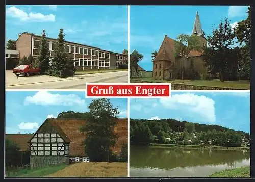 AK Bramsche-Engter, Kirche, örtlicher See, Bauernhof, Schulgebäude