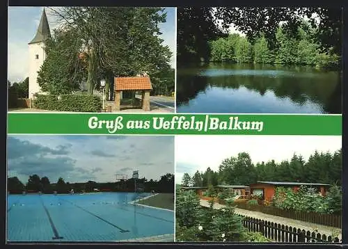 AK Bramsche-Ueffeln, Ansichten aus der Ortschaft mit Kirche u. Schwimmbad