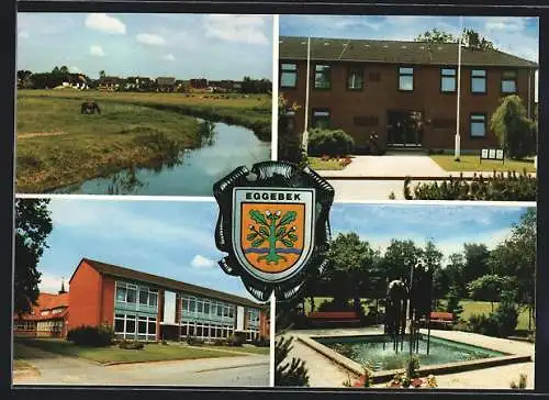 AK Eggebek /Schleswig-Flensburg, Partie am Fluss mit Pferd, Brunnen, Schulgebäude