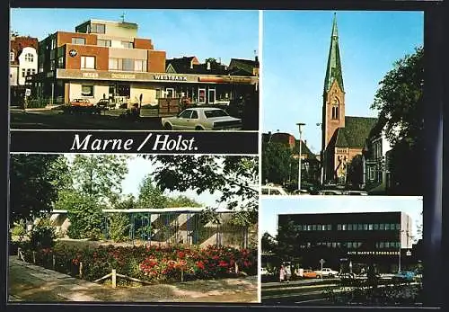 AK Marne /Holst., Parkplatz vor der Westbank, Kirche, Alte Marner Sparkasse
