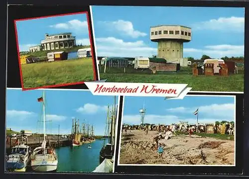 AK Wremen, Campingplatz, Hafenszene, Strandleben