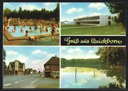 AK Quickborn /Holst., Kinder im Schwimmbad, Strassenpartie, Schulgebäude, örtlicher See