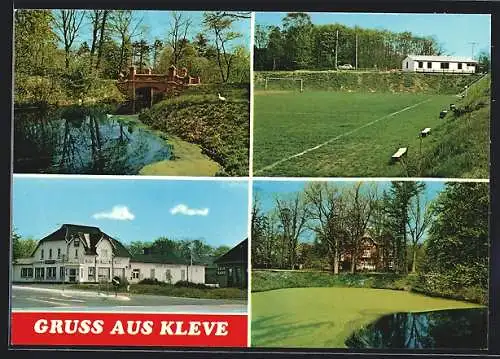 AK Kleve-Steinburg, Steinerne Brücke über kleinem Fluss, Fussballfeld, Gasthaus