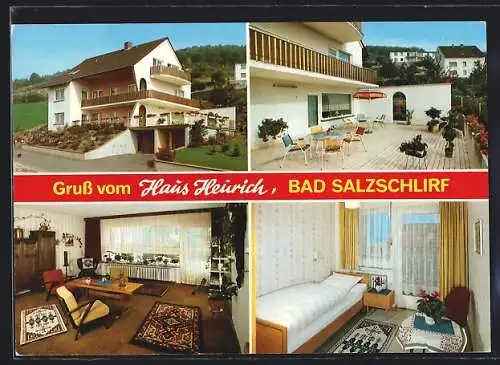 AK Bad Salzschlirf, Hotel Haus Heurich mit Sonnenterrasse und Innenansicht, Rudolf-Müller-Strasse 12