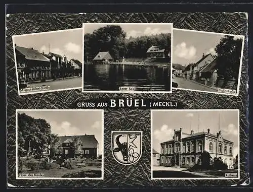 AK Brüel /Meckl., Haus des Kindes, Rathaus, Roter See
