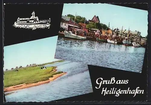 AK Heiligenhafen, Hafenpanorama mit Fischkuttern, Weidende Kühe am Fluss