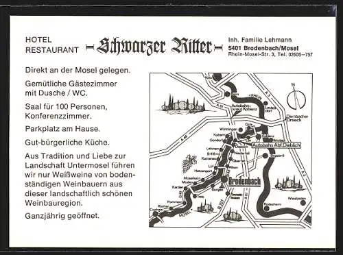 AK Brodenbach /Mosel, Hotel-Restaurant Schwarzer Ritter, Terrasse und Innenansichten mit Gästen