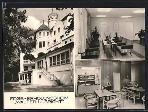 AK Koserow, FDGB-Erholungsheim Walter Ulbricht, Innenansichten Emfangshalle und Gaststätte