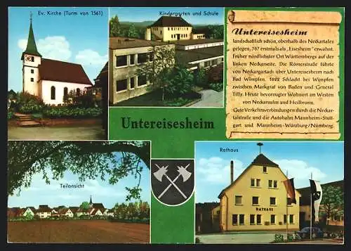 AK Untereisesheim /Heilbronn, Ev. Kirche, Kindergarten und Schule, Rathaus