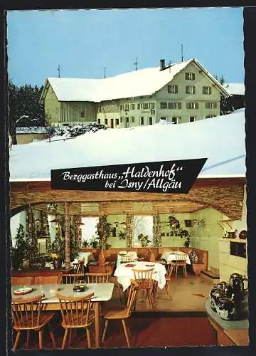 AK Isny /Allgäu, Berggasthaus Haldenhof im Schnee, mit Innenansicht
