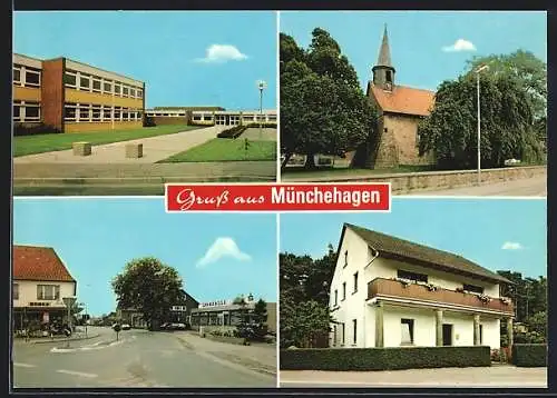 AK Münchehagen, Kirche, Schule und Strassenpartie mit Sparkasse und Edeka-Markt