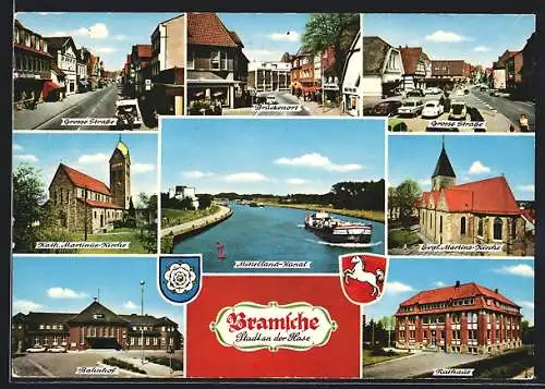 AK Bramsche, Brückenort, Bahnhof, Rathaus, Mittelland-Kanal