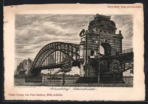 Künstler-AK Düsseldorf, Rheinbrücke mit Dampfer