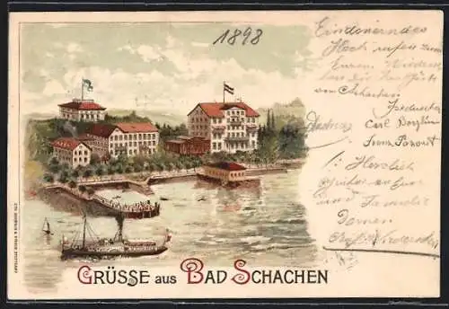 Lithographie Bad Schachen, Flusspartie mit Dampfer, Ortsansicht