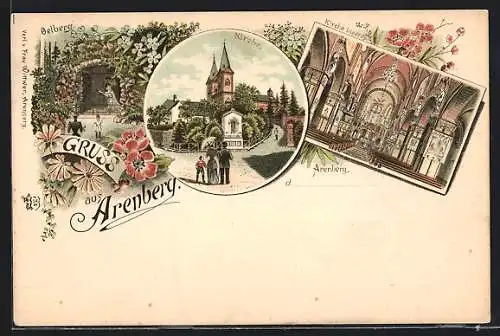 Lithographie Arenberg, Oelberg, Kirche und Kircheninneres