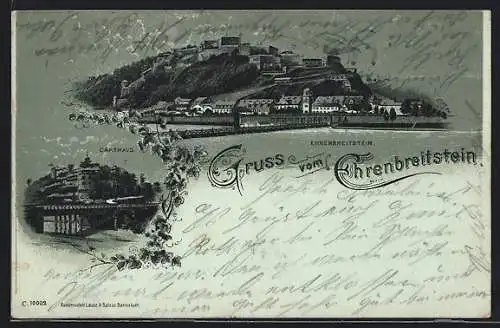 Mondschein-Lithographie Ehrenbreitstein, Ortsansicht am Wasser und das Carthaus