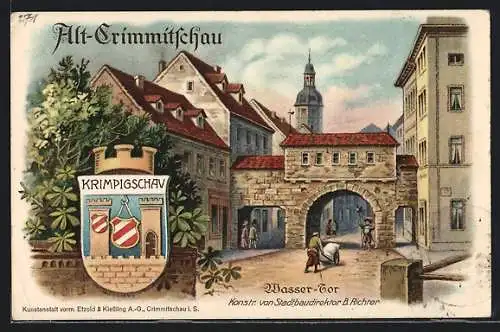 Lithographie Crimmitschau, Strassenpartie am Wasser-Tor, Wappen