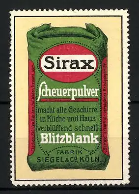 Reklamemarke Sirax Scheuerpulver, Fabrik Siegel & Co., Köln, Schachtel Scheuerpulver