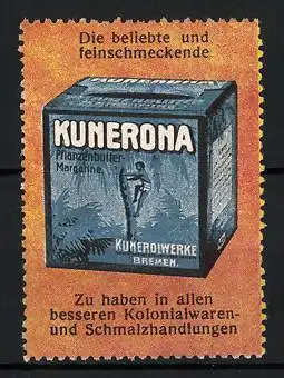 Reklamemarke Kunerona Pflanzenbutter-Margarine, Kunerolwerke Bremen, Afrikaner klettert Palme hinauf