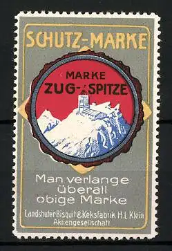 Reklamemarke Zugspitze Waffeln, Landshuter Bisquit- und Keksfabrik H. I. Klein, Gebirge