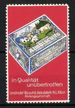 Reklamemarke Zugspitze Hochfeine Almbisquits, Landshuter Bisquit- und Keksfabrik H. I. Klein, Schachtel