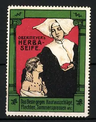 Reklamemarke Obermeyer's Herba-Seife - das Beste gegen Hautausschläge u. Flechten, Nonne mit Buben