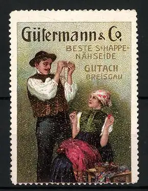 Reklamemarke Güternann & Co., beste Schappe-Nähseide, Paar in Tracht aus Gutach im Breisgau