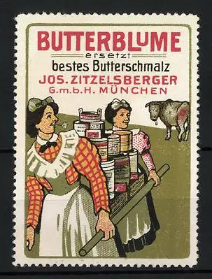 Reklamemarke Butterblume ist bestes Butterschmalz, Jos. Zitzelsberger GmbH, München, Bäuerinnen mit Rind