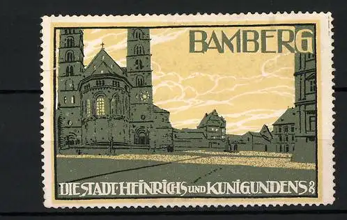 Reklamemarke Bamberg, die Stadt Heinrichs und Kunigundens, Stadtansicht mit Kirche