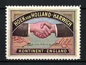 Reklamemarke Hoek van Holland, Kontinent England, zwei Herren reichen sich die Hände über zwei Kontinenten