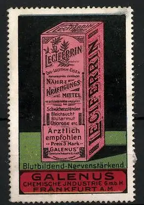 Reklamemarke Leciferrin - blutbildend & nervenstärkend, Galenus Chemische Industrie GmbH, Frankfurt a. M., Schachtel