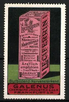 Reklamemarke Leciferrin - blutbildend & nervenstärkend, Galenus Chemische Industrie GmbH, Frankfurt a. M., Schachtel